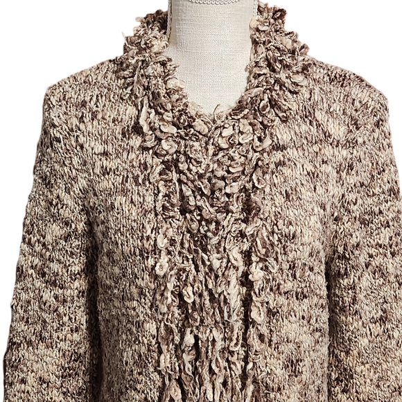 NINE WEST Cardigan Sweater Women Large Brown Wool Blend Y2K Ruffle Trim Shaggy - Picture 3 of 13